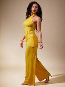 Vixey 纯色针织弹力腰带阔腿裤，带口袋 - 黃色 - 查看 5