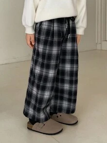 DAZY 男童休闲宽松直筒格子裤，日系秋季款 - 黑色 - 查看 3