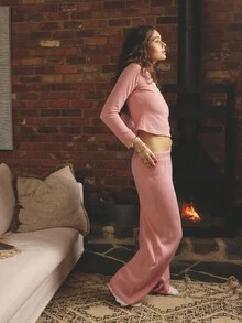 Aralina Sleepwear Fall Winter Cute Cosy Brushed Waffle Button Front Long Sleep Lounge Top With Contrast Lace Trim