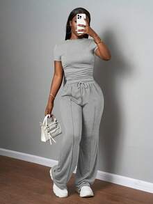 Slaydiva Bộ đồ nữ thường ngày màu trơn, cổ tròn, tay ngắn và quần ống đứng cạp chun, màu nâu, thích hợp cho mùa xuân hè, các lễ hội âm nhạc, lễ Phục Sinh, lễ Thánh Patrick. - Xám - Xem 3