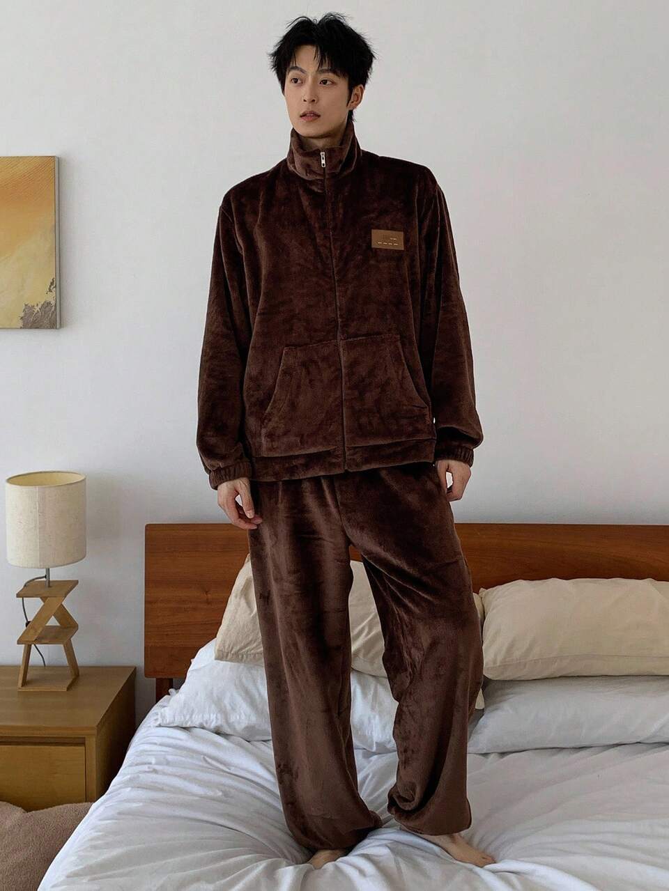 Men's Thermal Lined Top & Pants Fluffy Pajama Set With Patch Design, Brown, Autumn/Winter, Fall Clothes Thermal Lined