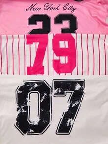 SHEIN 3 件青少年女孩时尚运动字母和数字印花长袖 T 恤（粉色白色条纹、白色、粉色），常规厚度，休闲，秋季