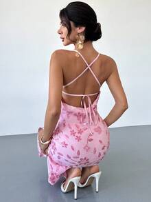 Firerie 女士优雅性感花卉亮片露背交叉肩带长裙，适合度假、约会、派对、毕业典礼、舞会 - 粉色 - 粉色 - 查看 6