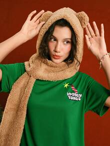 LOONEY TUNES X SHEIN Women's Christmas Cartoon Pattern Round Neck Short Sleeve T-Shirt - Green - View 7