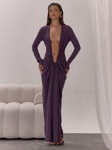 MUSERA 极致深V领长袖连衣裙，优雅性感，适合夜晚外出、度假、秋季派对等场合。 - 紫色 - 查看 4
