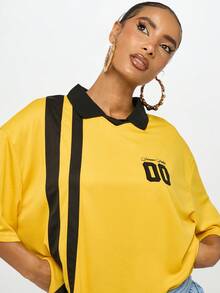 SUMWON WOMEN Boxy Varsity Style Collared Polo Top With Diagonal Stripe Detail And Number Print Half Sleeve Drop Shoulder Casual Preppy Oversize Tshirt - Yellow - View 5