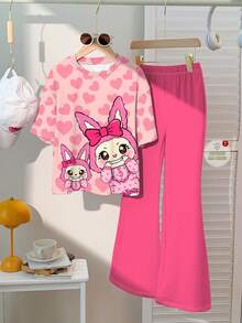 SHEIN Bộ 2 áo thun tay ngắn họa tiết hoạt hình dễ thương cho bé gái tuổi teen, thích hợp mặc vào mùa hè - Nhiều màu - Xem 2