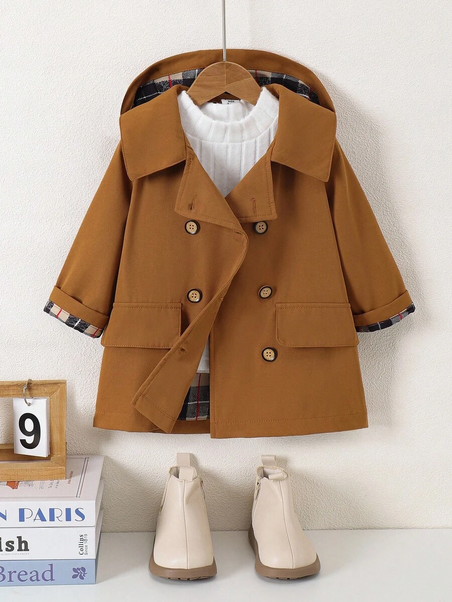 Shein Playful Pals Baby Boy Diagonal Hooded Sweatshirt, Children's Autumn/Winter Trench Coat, Children's Fashionable Brown Jacket