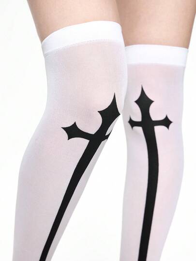 Grunge Punk 1pc White Kawaii Sweet Cute Y2K Cross Plain Simple Fashion Over-The-Knee Socks For Women, Suitable For Anime, Lolita, Yandere, Cosplay, Daily Outfit