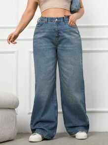 RueChic 100%纯棉加大码腰带阔腿牛仔裤