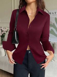 SHEIN EZwear Vinröd skjorta med långärmad dragsko och knapp framtill för dam, höst/vinter, eleganta blusar för dam - Bourgogne - Visa 2