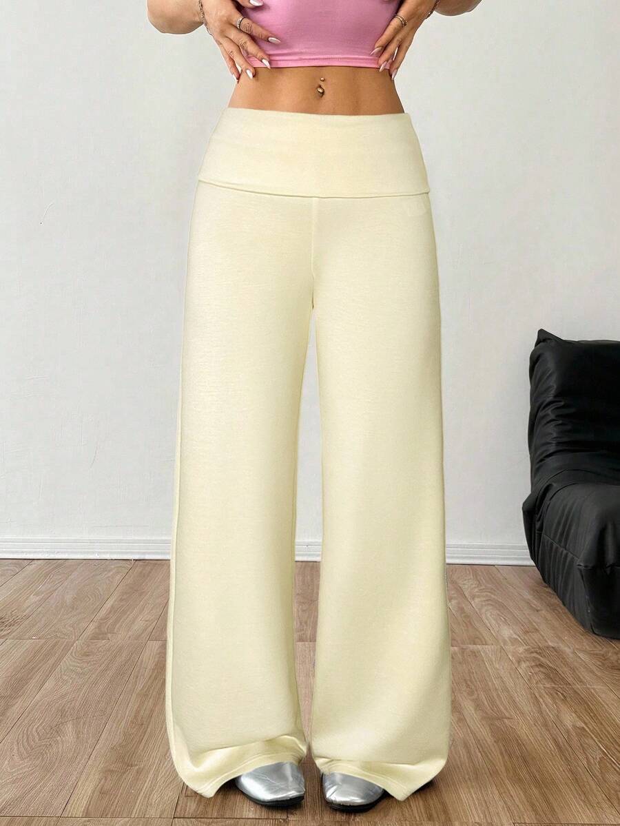 SHEIN EZwear Women's Loose Fit Wide Leg Casual Pants, Light Yellow - Light Yellow - View 1