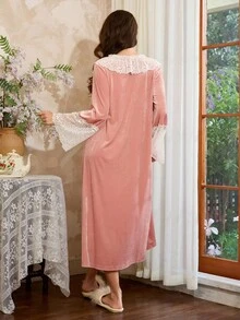 Côtesoire 女士优雅法式撞色蕾丝荷叶边睡裙家居服，秋冬款 - 粉色 - 查看 3