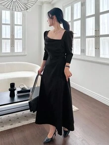 DAZY 女士方领中长连衣裙 - 黑色 - 查看 4