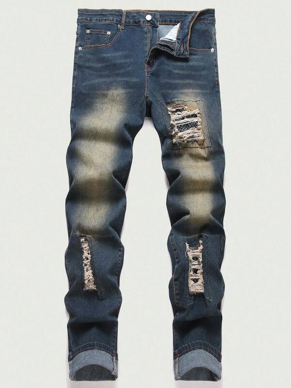 Manfinity LEGND Premium Distressed Patch Vintage Slim Fit Versatile Denim Jeans Men Distressed Jeans Punk Boyfriend & Husband Frayed For Slim-Fit