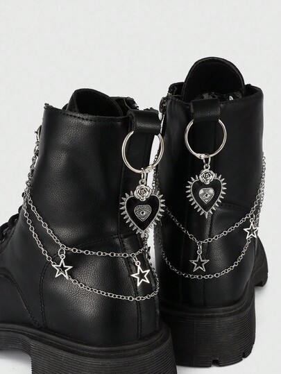 Grunge Punk 4 pièces Charms de chaussure style punk avec chaîne pentagramme, décorations de pendentif de chaussure gothique avec cœur noir et œil, accessoires de chaussure pour ambiance d'Halloween