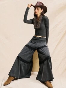 Easelle Fashion Holiday Retro Lace Edge Wide Leg Pants Snow-Washed Wide Leg Trousers Splicing Lace Retro Casual Autumn And Winter Fall Clothes Women - Black - View 6