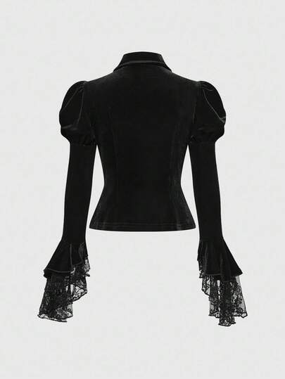 Goth Gothic Victorian Style Halloween, Bat Collar Cross Pendant, Flare Sleeve Velvet Lace Jacket
