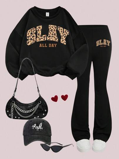 SHEIN Leap Crew 复古图案豹纹印花少女针织圆领宽松运动衫和喇叭裤两件套，街头风，休闲校园运动风格，户外野餐，郊游，街头风格，居家，学校