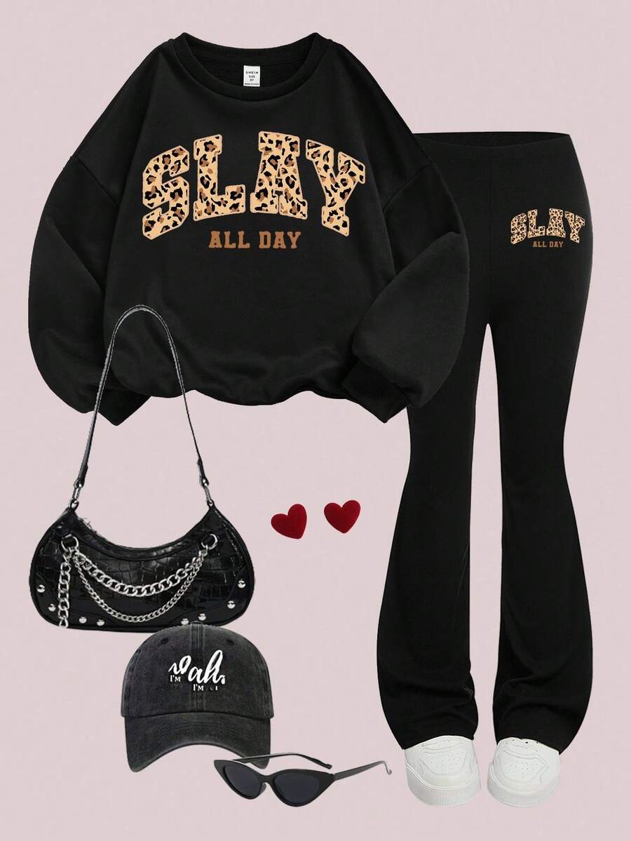 SHEIN Leap Crew 复古图案豹纹印花少女针织圆领宽松运动衫和喇叭裤两件套，街头风，休闲校园运动风格，户外野餐，郊游，街头风格，居家，学校