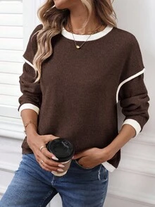 SHEIN LUNE Felpa casual a maniche lunghe con blocchi di colore per donna in autunno/inverno, casual - Caffè Marrone - Visualizzare 4