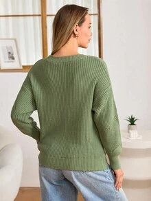 EURMUSE Pulover tricotat în culori solide, cu detalii goale, de zi cu zi, stil francez - Verde - Vizualizare 3