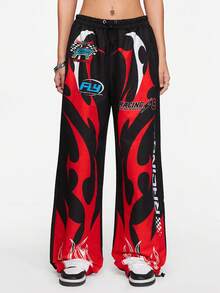 ROMWE Street Life 女款街头风格赛车赛博朋克荆棘火焰徽章降落伞裤 - 黑色 - 查看 4