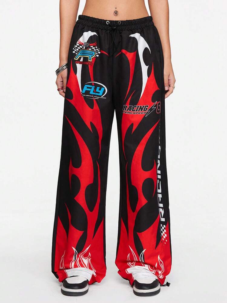 ROMWE Street Life 女款街头风格赛车赛博朋克荆棘火焰徽章降落伞裤 - 黑色 - 查看 4