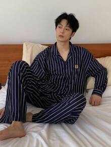 DAZY Navy Blue Striped Shirt With Embroidered Design Men's Loungewear Set, Autumn, Fall Clothes Pajama - Multicolor - View 1