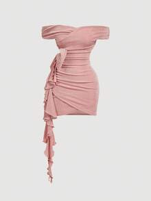 SHEIN MOD 浅粉色单肩裹身裙，搭配超大蝴蝶结细节 - 适合派对、度假、约会、生日庆祝、下午茶和节日 - 淺粉色 - 查看 5