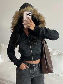 SHEIN EZwear 女士休闲蓬松连帽长袖运动衫 - 黑色 - 查看 3