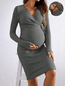 SHEIN Váy bầu dáng ôm, màu trơn, đơn giản, buộc dây, thu/đông - Xám - Xem 3