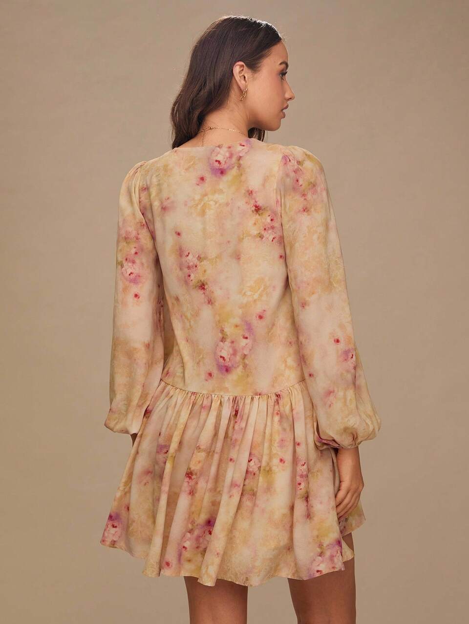 Enchnt Women's Elegant Multicolor Floral Print Lantern Sleeve Mini Dress,Sweet& Beige Autumn Boho Vacation Holiday,Prom Date Afternoon Tea Dress