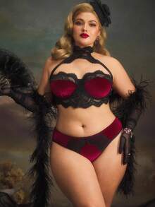 Plus Size Lace Patchwork Palace Style Velvet Heart-Shaped Lingerie - Burgundy - View 3