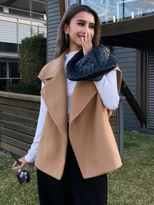 DAZY Damen lässiger einfarbiger locker sitzender ärmellose Wollmantel, Jacke/Weste für Herbst/Winter - Khaki - Übersicht 6