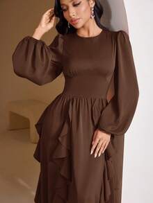 Veilorie Women's Solid Color Round Neck Lantern Sleeve Ruffle Hem Elegant Arabic Style Dress - Coffee Brown - View 7