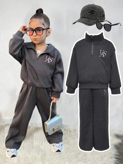 两件套女童刺绣字母拉链连帽衫和裤子套装，保暖内衬，适合外出、居家和休闲穿着，秋冬季儿童运动套装，儿童两件套，女童两件套运动服