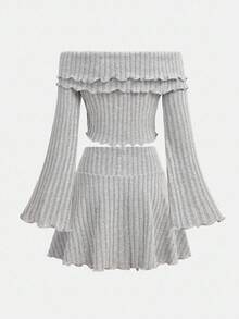 SHEIN Teen Girl Elegant Off Shoulder Flare Sleeve Asymmetric Hem T-Shirt And Skirt Set Fall Winter
