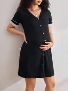 BloomMama Bielizna nocna ciążowa - 3-częściowa sukienka z krótkim rękawem (rękawy wykończone koronką) Zapinana na guziki koszula nocna damska sukienka piżamowa sukienka wypoczynkowa dla kobiet damska koszula nocna sukienka do spania damska - Czarne - Zobacz 4