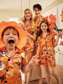 FamilyFrolics Cute Donut Print Satin Men Pajama Set, Suitable For Halloween - Multicolor - View 5