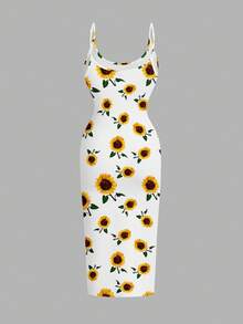 SHEIN EZwear Đầm Maxi Ôm Body Tối Giản Thường Ngày Cỡ Lớn Cho Nữ, Họa Tiết Hoa Hướng Dương, Thích Hợp Cho Mùa Hè - Nhiều màu - Xem 2