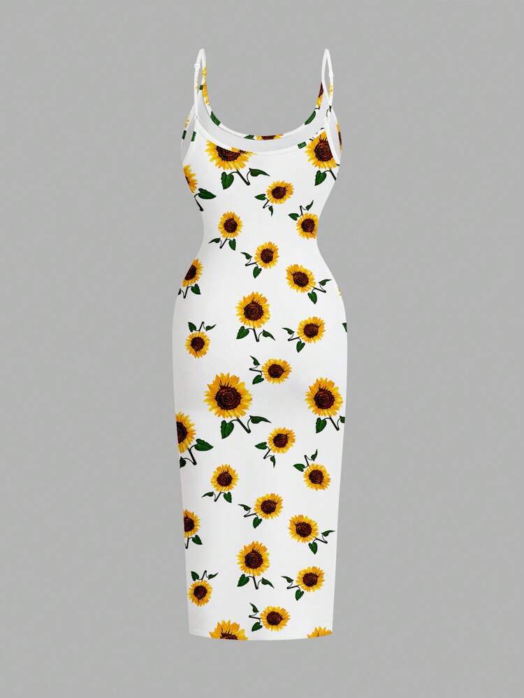 bodycon sunflower dress SHEIN EZwear Plus Size Women Casual Minimalist Bodycon Cami Maxi Dress,  Sunflower Print, Suitable For Summer Suitable For Going Out Chic Dress