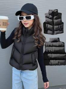 SHEIN Tween Girls Black Short Stand Collar Zipper Front Padded Coat, Casual Fashion Street Style Kids Vest Black Puffer Vest Kids Black Vest Girls Vest,In Fall/Winter
