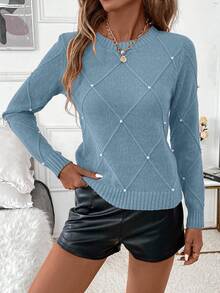 SHEIN Clasi Áo len nữ họa tiết kim cương mùa đông đính ngọc trai, cổ tròn, thích hợp cho kỳ nghỉ, tiệc tùng, lễ hội âm nhạc, đồ mặc nhà, sự kiện trở lại trường, làm quà tặng và mua sắm, áo len mùa thu, trang phục nữ thanh lịch, áo cơ bản - Màu xanh bụi bặm - Xem 4