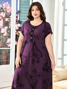 SHEIN Lacomfia Đầm dài tay ngắn dáng rộng thoải mái mùa hè cho nữ cỡ lớn - Màu tím - Xem 5