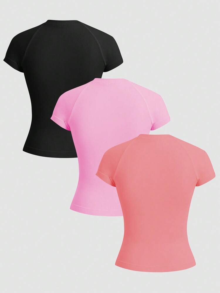 Easithlete Bộ 3 áo thun thể thao nữ màu trơn cổ tròn tay raglan ngắn tay không đường may. - Nhiều màu - Xem 2