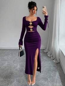 Rafferiza Đầm midi hở lưng xếp ly 3D họa tiết hoa rỗng thanh lịch dành cho nữ, phong cách Y2K gợi cảm nhưng vẫn giản dị, phù hợp với trang phục Maxi mùa xuân và mùa thu dành cho nữ - Bold Plum - Xem 6