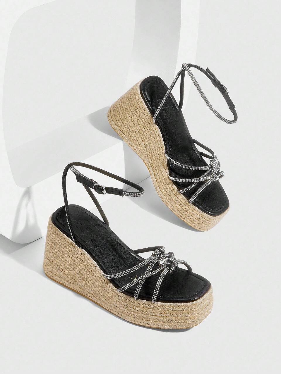 CUCCOO SZL Women's Wedge Thick Bottom Jute Rope Rhinestone Sandals