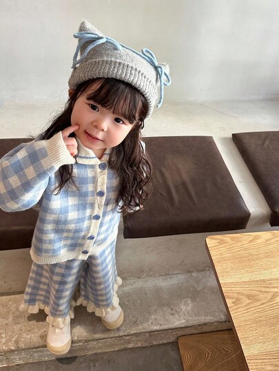 DAZY Set de 2 piezas de chaqueta de suéter linda con estilo coreano a cuadros y pantalones de punto para bebé niña, ropa de otoño e invierno para niñas pequeñas