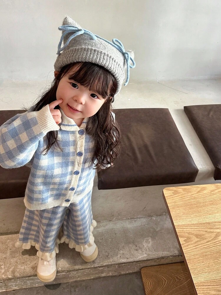 2pcs/Set Baby Girl Plaid Korean Style Cute Sweater Jacket & Knitted Pants Set Fall, Winter Toddler Girls Clothes